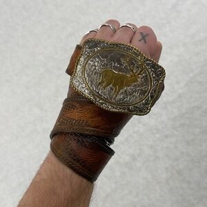 Vintage Crumrine Belt Buckle Deer Gold Silver Plate Leather Belt Size Large 34"+